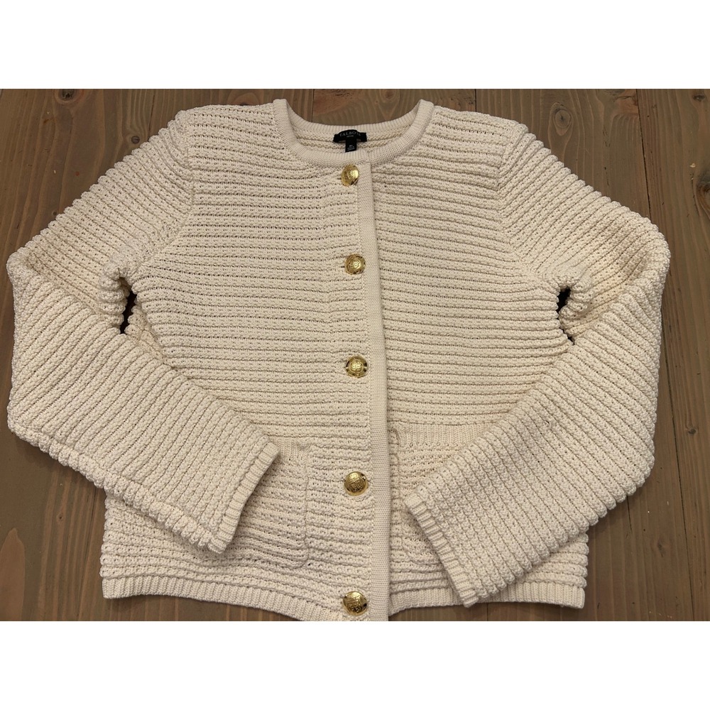 B17 Talbots Petite Cream Chunky Knit Cardigan Gold Crest Button Sweater MP Ivory